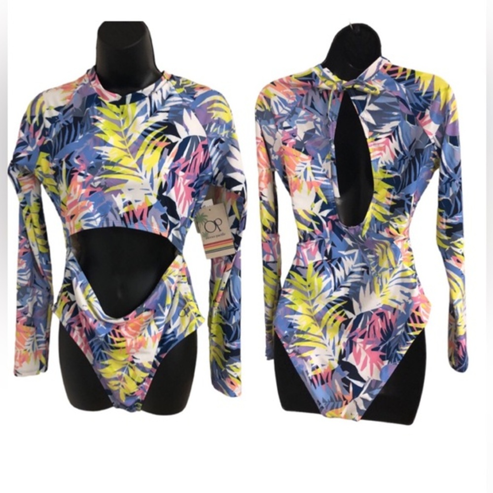 Ocean Pacific OP tropical print long sleeve cutout rash guard swimsuit size XL
